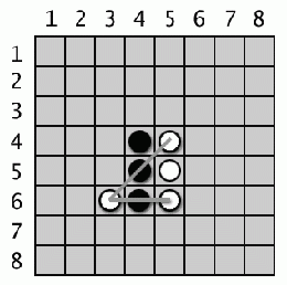 White's second move at 3, 6 will flip two of black's tiles.