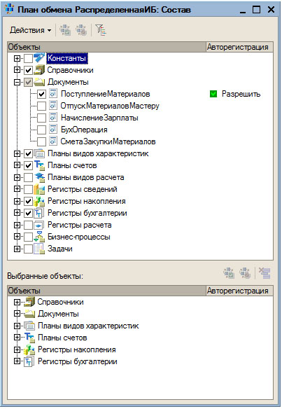 Настройка состава плана обмена