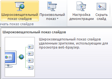 На рисунке показано местоположение кнопки Широковещательный показ слайдов