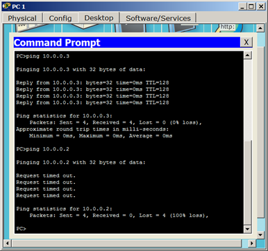 Проверка связи PC1 с ПК в VLAN 2 и VLAN 3