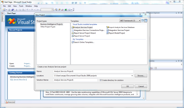 Создание нового проекта в Business Intelligence Development Studio