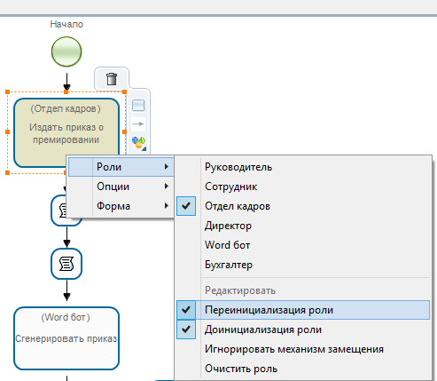 Переинициализация роли Отдел кадров