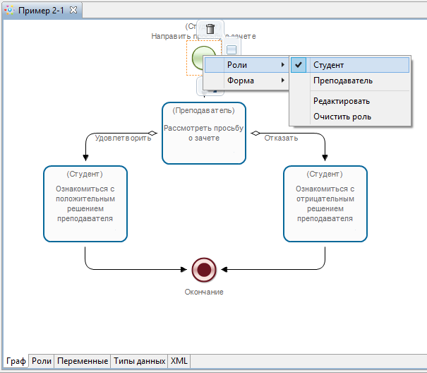 Задание роли "Студент" для узла-начала бизнес-процесса "Пример 2-1" в среде разработки