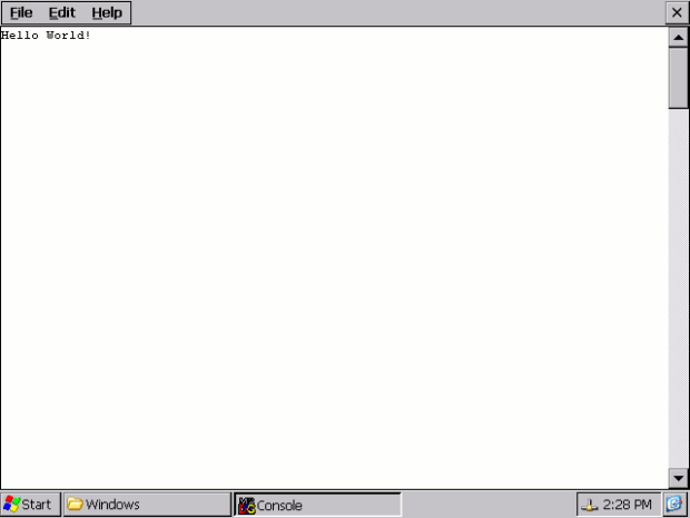 Вывод окна консоли eBox во время выполнения приложения "Hello World" C/C++
