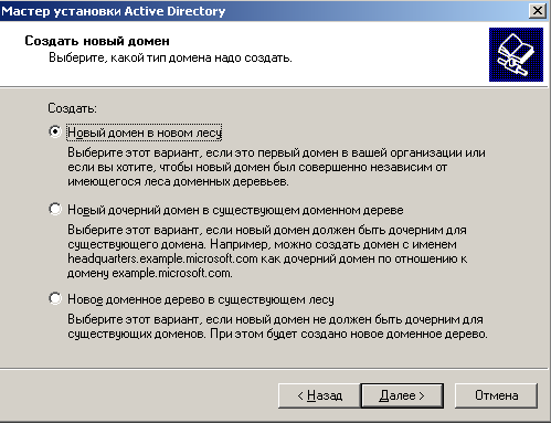 Включаем опцию Новый домен в новом лесу