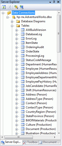 Окно Server Explorer с открытым списком таблиц базы данных AdventureWorks