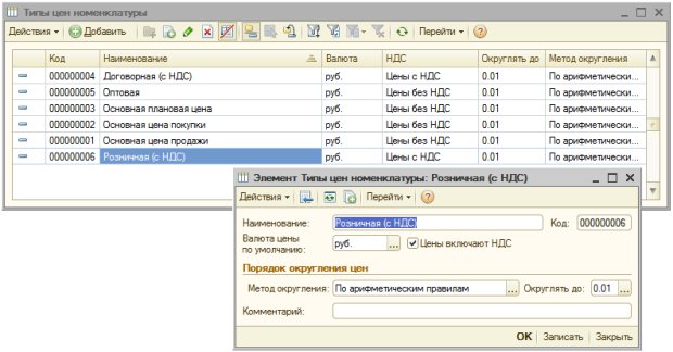 Заполненный справочник Типы цен номенклатуры