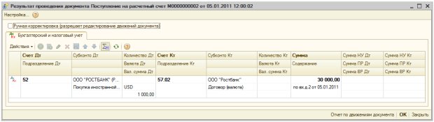 Результат проведения документа Поступление на расчетный счет