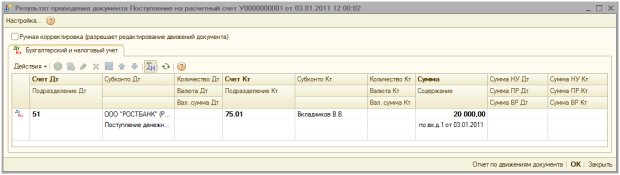 Результат проведения документа Поступление на расчетный счет, оплата уставного капитала