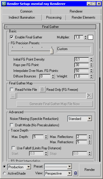 Вид окна Render Setup (Настройка визуализации) после выбора mental ray в качестве текущего визуализатора сцены