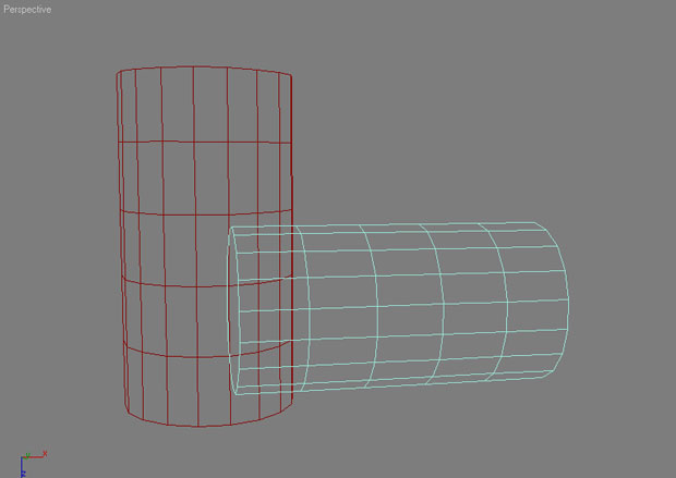 В режиме отображения Wireframe (Каркас) видно, что один цилиндр заходит в другой