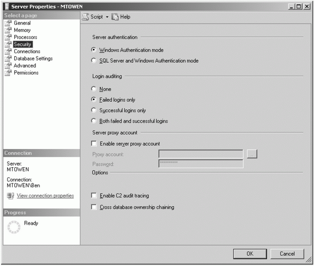 Установка режима проверки подлинности через интерфейс SQL Server Management Studio