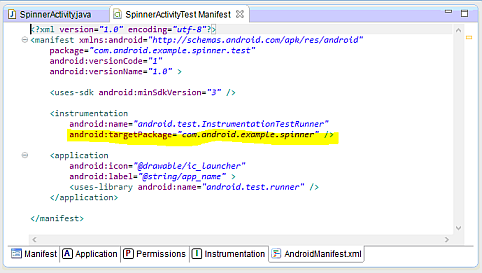 Файл манифеста приложения SpinnerActivityTest