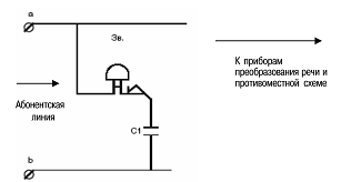  Принципиальная схема телефонного аппарата в части приема акустического сигнала "посылка вызова"