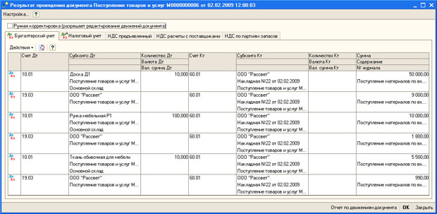 Движения документа Поступление товаров и услуг