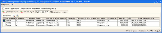 Документ Передача оборудования в монтаж, движения по регистру НДС по ОС, НМА