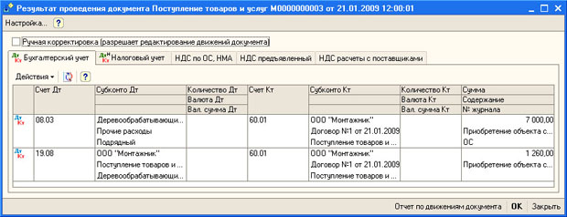 Документ Поступление товаров и услуг, результат проведения