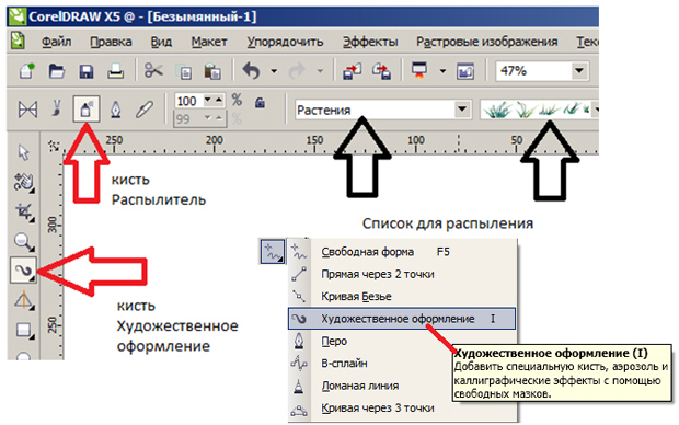 На рисунке приведен инструмент Художественное оформление и показаны настройки для этой кисти