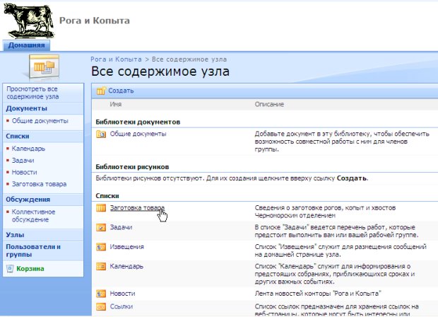 Страница Все содержимое узла содержит список Заготовка товара