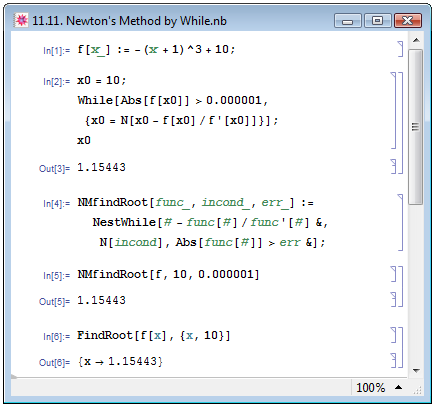 Реализация метода Ньютона для нахождения нулей функции при помощи функций While и NestWhile