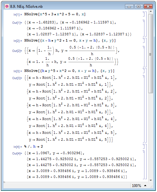 Нахождение численных решений алгебраических уравнений при помощи функции NSolve