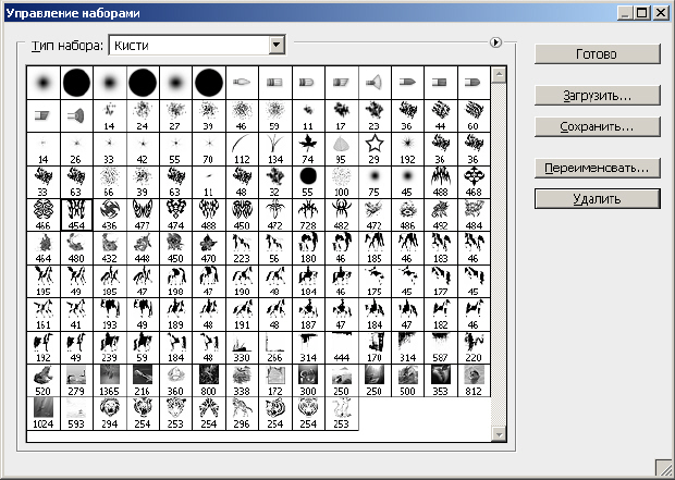 В окне Управление наборами появились новые кисти