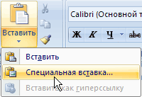 Выбор команды Специальная вставка