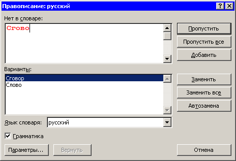 Диалоговое окно Правописание