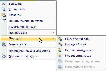 Подменю Порядок в контекстном меню