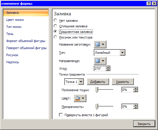 Окно Изменение формы