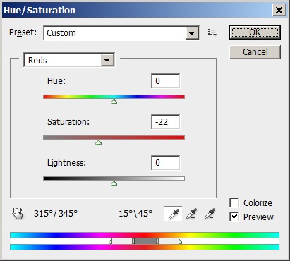 Настройки диалогового окна Hue/Saturation