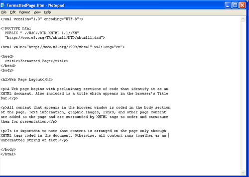 Форматированный документ Web в редакторе Notepad