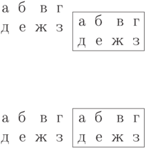 \begin{tabular}[t]{rrrr}
а & б & в & г \\
д & е & ж & з
\end{tabular}
\begin{tabular}[t]{|rrrr|}
\hline а & б & в & г \\
д & е & ж & з\\ \hline
\end{tabular}\\[1in]
\begin{tabular}[t]{rrrr}
а & б & в & г \\
д &е & ж & з
\end{tabular}
\begin{tabular}[t]{|rrrr|}
\firsthline а & б & в & г \\
д & е & ж & з\\ \hline
\end{tabular}