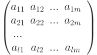 \begin{pmatrix}
a_{11}& a_{12}& ... &a_{1m}&\\
a_{21}& a_{22}& ... &a_{2m}&\\
 ... \\
a_{l1}& a_{l2}& ... &a_{lm}&\\
\end{pmatrix}