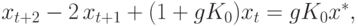 x_{t+2}-2\,x_{t+1}+(1+gK_{0})x_{t}=gK_{0}x^*,