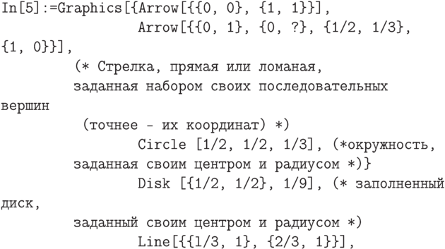 \tt 
In[5]:=Graphics[\{Arrow[\{\{0, 0\}, \{1, 1\}\}], \\
\phantom{In[5]:=Graphics[\{}Arrow[\{\{0, 1\}, \{0, ?\}, \{1/2, 1/3\}, \{1, 0\}\}], \\
\phantom{In[5]:=Gr}(* Стрелка, прямая или ломаная, \\
\phantom{In[5]:=Gr}заданная набором своих последовательных вершин \\
\phantom{In[5]:=Gra}(точнее - их координат) *) \\
\phantom{In[5]:=Graphics[\{}Circle [{1/2, 1/2}, 1/3], (*окружность, \\
\phantom{In[5]:=Gr}заданная своим центром и радиусом *)\} \\
\phantom{In[5]:=Graphics[\{}Disk [\{1/2, 1/2\}, 1/9], (* заполненный диск, \\
\phantom{In[5]:=Gr}заданный своим центром и радиусом *) \\
\phantom{In[5]:=Graphics[\{}Line[\{\{l/3, 1\}, \{2/3, 1\}\}],
