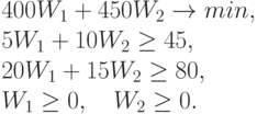 400 W_1 + 450 W_2 \to  min ,\\
5 W_1 + 10 W_2 \ge 45,\\
20 W_1 + 15 W_2 \ge 80,\\
W_1 \ge  0, \  \ \ W_2 \ge  0.