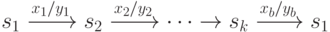 s_1 \xrightarrow {x_1/y_1} s_2 \xrightarrow {x_2/y_2} \dots \to s_k \xrightarrow {x_b/y_b} s_1