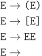 \begin{align*}
      \hbox{\texttt{E}} & \to  \hbox{\texttt{(E)}}\\
      \hbox{\texttt{E}} & \to  \hbox{\texttt{[E]}}\\
      \hbox{\texttt{E}} & \to  \hbox{\texttt{EE}}\\
      \hbox{\texttt{E}} & \to
\end{align*}