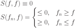 S(f,f)\equiv 0 \\
S(f_n,f)=\begin{cases}
\le0,&f_n\ge f\\
\ge0,&f_n\le f
\end{cases}