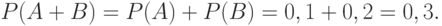 P(A+B)=P(A)+P(B)=0,1+0,2=0,3.