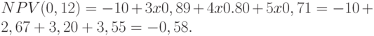 NPV(0,12) = - 10 + 3 x 0,89 + 4 x 0.80 + 5 x 0,71 = - 10 + 2,67 + 3,20 + 3,55 = - 0,58.