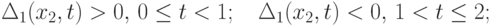 \Delta_1(x_2,t)>0,\, 0\le t < 1; \quad \Delta_1(x_2,t)<0,\, 1<t\le 2;