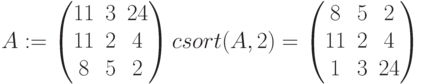 A:=\begin{pmatrix} 11 & 3 & 24 \\ 11 & 2 & 4 \\ 8 & 5 & 2\end{pmatrix}
csort(A,2)=\begin{pmatrix} 8 & 5 & 2 \\ 11 & 2 & 4 \\ 1 & 3 & 24 \end{pmatrix}\\
