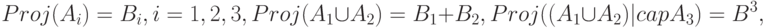 Proj(A_i)=B_i, i=1,2,3, Proj (A_1\cup A_2)=B_1+B_2, Proj((A_1\cup A_2)|cap A_3)=B^3,