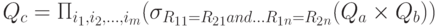 Q_c=\Pi_{i_{1},i_{2},\dots,i_{m}} (\sigma_{R_{1}\dotA_{1}=R_{2}\dotA_{1} and \ldots R_{1}\dotA_{n}=R_{2}\dotA_{n}}(Q_a \times Q_b))