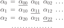 \begin{array}{c}
\begin{array}{cccccc}
\alpha_0 & = & \underline{\alpha_{00}}&
            \alpha_{01} & \alpha_{02} & \ldots\\
\alpha_1 & = & \alpha_{10} & \underline{\alpha_{11}}& \alpha_{12}
& \ldots\\
\alpha_2 & = & \alpha_{20} & \alpha_{21} &
\underline{\alpha_{22}}& \ldots
\end{array}\\
\hbox to 4.5cm{\dotfill}
\end{array}