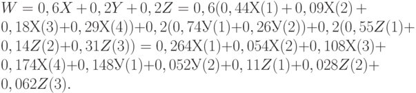 W = 0,6X + 0,2Y + 0,2Z = 0,6 (0,44 Х(1) + 0,09 Х(2) + 0,18 Х(3) + 0,29 Х(4)) + 0,2 (0,74У(1) + 0,26У(2)) + 0,2 (0,55Z(1) + 0,14Z(2) + 0,31Z(3)) =  0,264 Х(1) + 0,054Х(2) + 0,108 Х(3) + 0,174Х(4) +  0,148У(1) + 0,052У(2) + 0,11Z(1) + 0,028Z(2) + 0,062Z(3).