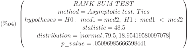 (\%o4)\  
\begin{pmatrix}
RANK\  SUM\  TEST\cr 
method=Asymptotic\  test.\  Ties\cr 
hypotheses=H0:\  med1 = med2 ,\  H1:\  med1\  <\  med2\cr 
statistic=48.5\cr 
distribution=[normal,79.5,18.95419580097078]\cr 
p\_value=.05096985666598441
\end{pmatrix}