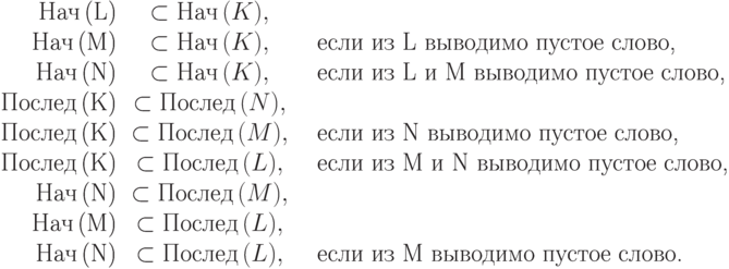 {\setlength{\tabcolsep}{0pt}

%%%%%\hbox to\textwidth{\hss

\begin{tabular}{rcll}

{Нач}\,(L) & \subset {Нач}\,(K),\quad & & \\
{Нач}\,(M) & \subset {Нач}\,(K),\quad &&
   \text{если из L выводимо пустое слово,}\\
{Нач}\,(N) & \subset {Нач}\,(K),\quad &&
   \text{если из L и M выводимо пустое слово,}\\
%
{Послед}\,(K) & \subset {Послед}\,(N),\quad && \\
{Послед}\,(K) & \subset {Послед}\,(M),\quad &&
   \text{если из N выводимо пустое слово,}\\
{Послед}\,(K) & \subset {Послед}\,(L),\quad &&
   \text{если из M и N выводимо пустое слово,}\\
%
{Нач}\,(N) & \subset {Послед}\,(M),\quad && \\
{Нач}\,(M) & \subset {Послед}\,(L),\quad && \\
{Нач}\,(N) & \subset {Послед}\,(L),\quad &&
   \text{если из M выводимо пустое слово.}
%%%%%\end{tabular}\hss}
\end{alignat*}